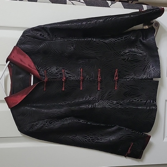 Traditional Chinese Silk Black and Red Feather Animal Print Changshan Jacket - Picture 1 of 7